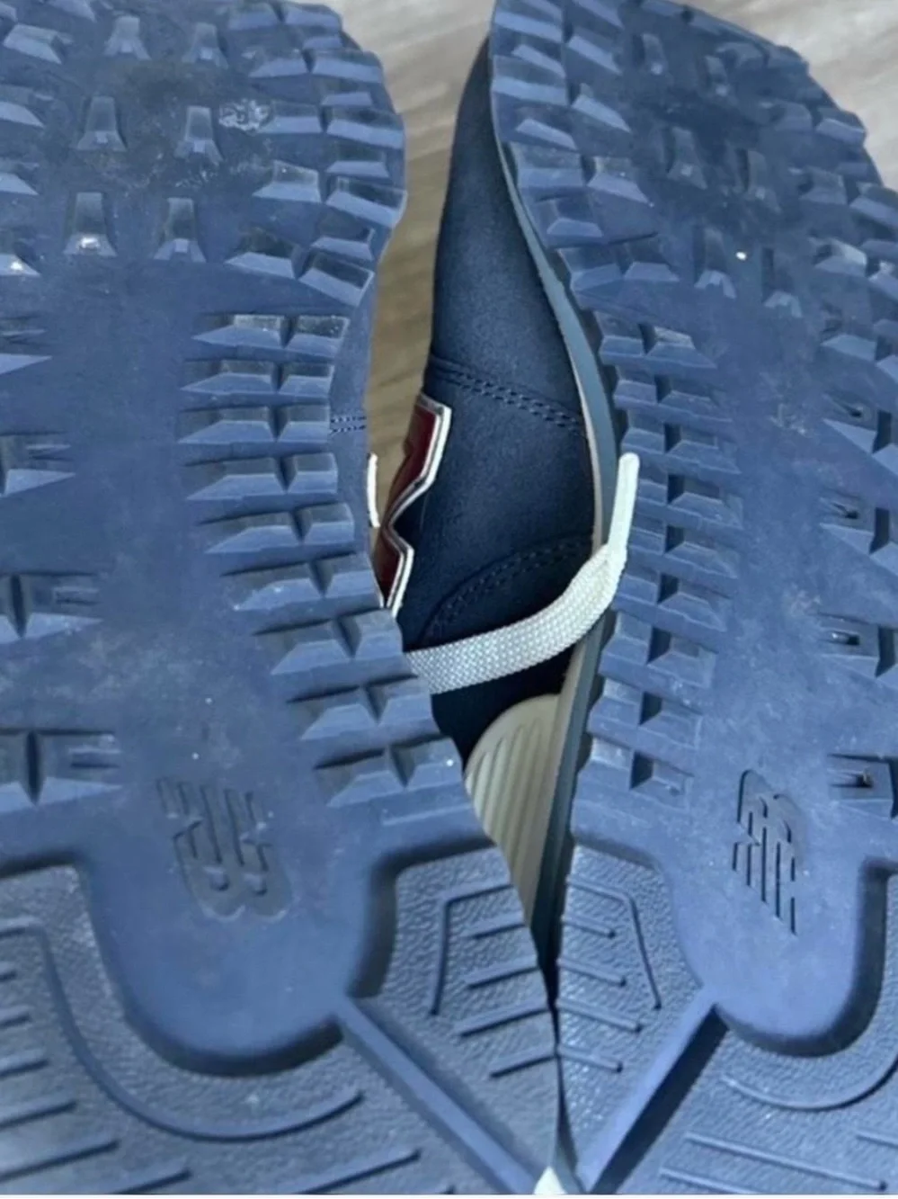 New Balance 574 Men's Gray and Navy Retro Runner with Red Logo